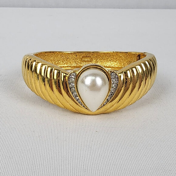 Butler Gold Faux Pearl Rhinestone Hinge Bracelet - Picture 2 of 9